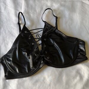 Black Lace-Up Faux Leather Bra